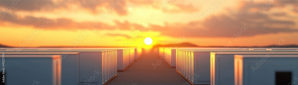 Poster a serene sunset over a pathway lined with containers, creating a tranquil atmosphere and a sense of 