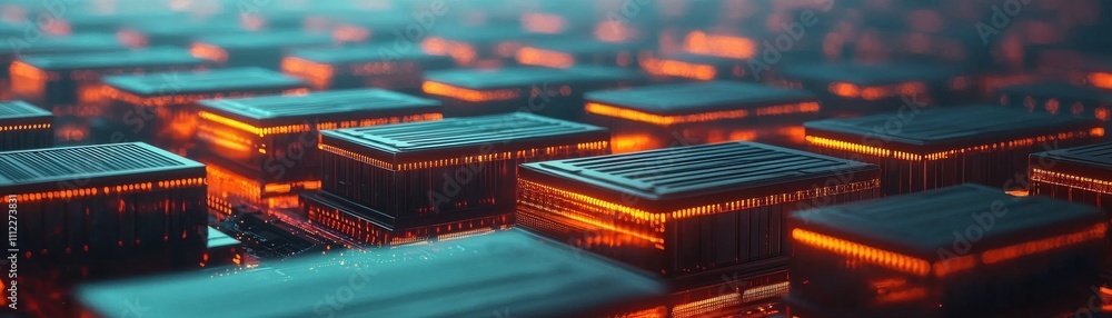 Poster a close-up view of intricate computer chips illuminated with orange and blue lighting, showcasing ad