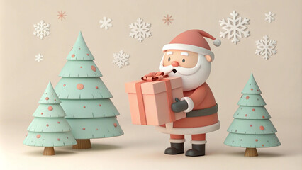 3d illustration of a santa claus holding a gift box with christmas trees and snowflakes