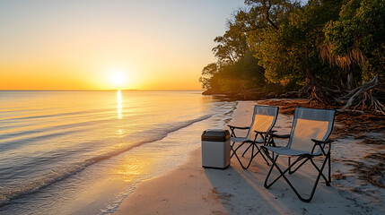 Fototapeta premium Two lawn chairs and a small cooler on the beach at sunset