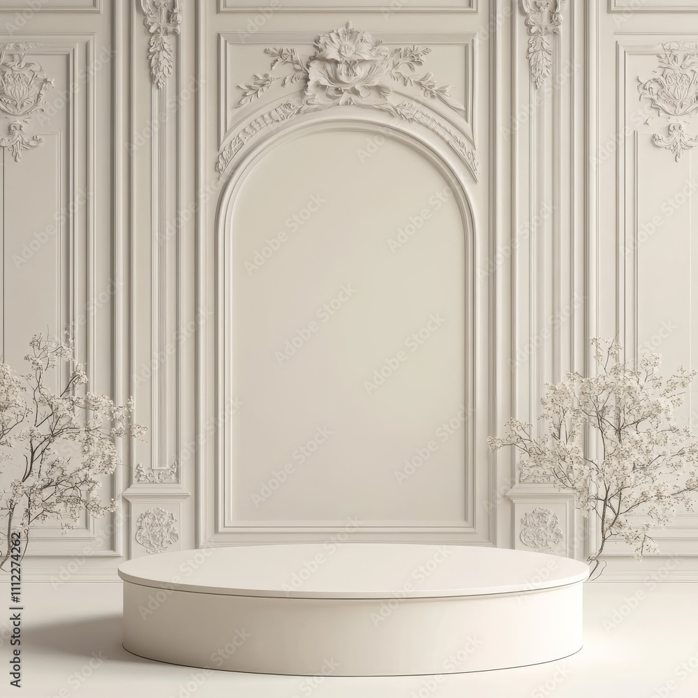 Poster vector 3d realistic square podium in cream colors on classic background. empty pedestal for the pres