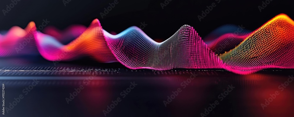 Poster colorful wave patterns representing sound waves on a dark background.