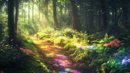 Obraz premium A serene forest path surrounded by vibrant green moss and ferns, with sunlight creating rainbow-like reflections among scattered flowers