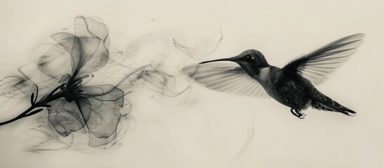 Obraz premium Ethereal and captivating digital depicting a hummingbird silhouette elegantly enveloped in a swirling smoke like floral wisp against a minimalist monochrome background evoking a sense of grace