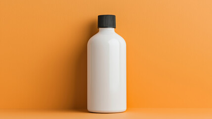 White cosmetic bottle standing on orange background showcasing minimalist beauty product