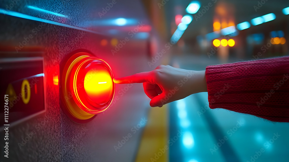 Poster Illuminated Button: Pressing a Glowing Red Button in a Modern Setting