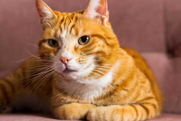 An orange tabby cat is sitting on a couch. A room with a sofa and cats. Animals cat sofa room fluffy ginger rest. A fluffy cat resting on a sofa lifestyle.