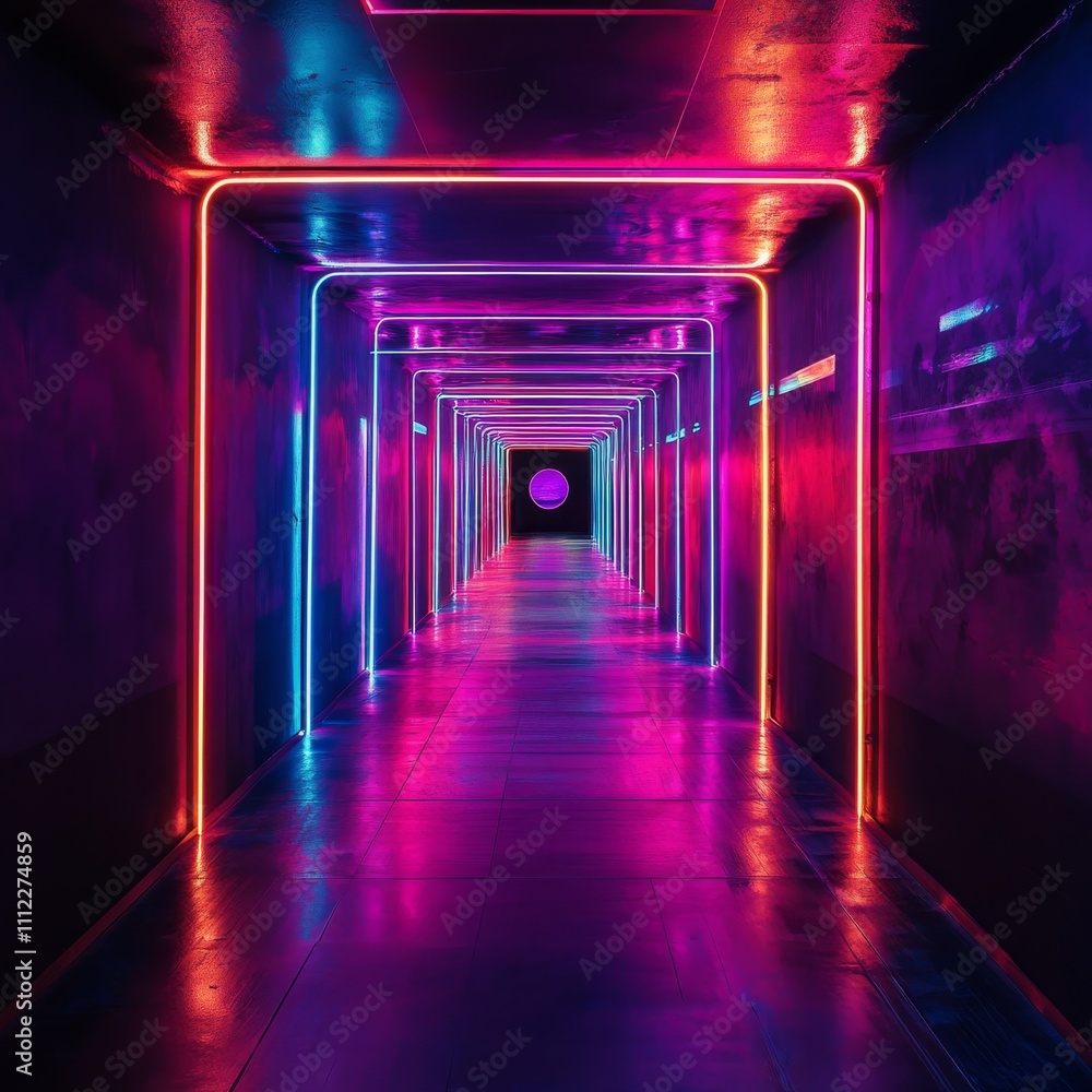 Poster neon curved light cyberspace tunnel 3d rendering
