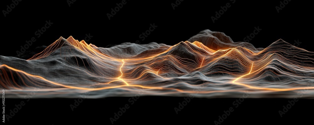 Poster a digital landscape featuring illuminated mountains and flowing lines, creating a mesmerizing, abstr
