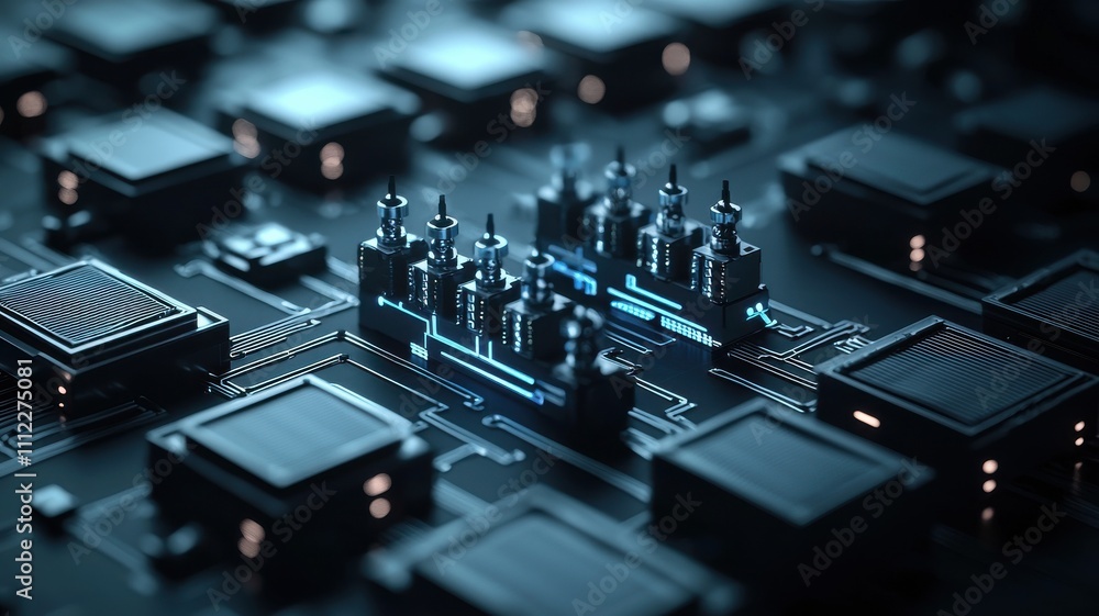 Poster a close-up view of a circuit board featuring intricate chips and components, showcasing a technologi