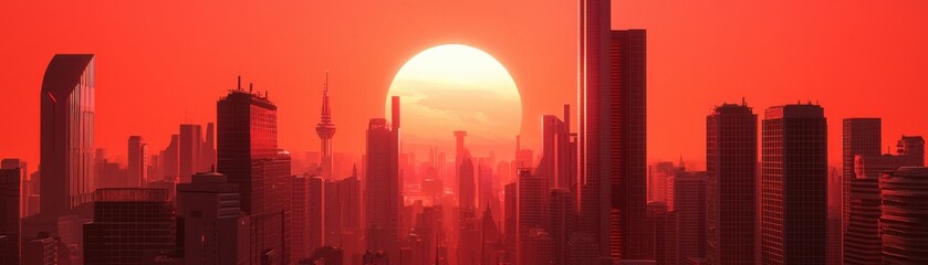 Fototapeta premium A vibrant sunset casts a warm red glow over a modern city skyline, highlighting tall buildings against the dramatic sky.