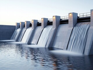 A serene dam scene with cascading water, showcasing modern engineering against a calm water backdrop.