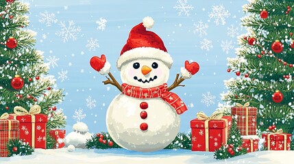 Fototapeta premium illustration of christmas snowman on blue background. cute snowman in christmas snowy nature.