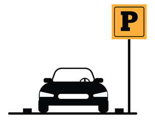 Car at the Parking Lot with a Sign. City infrastructure and car park concept vector art
