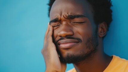 Tooth Pain And Dentistry. African guy suffering from terrible toothache, touching cheek with hand, blue wall