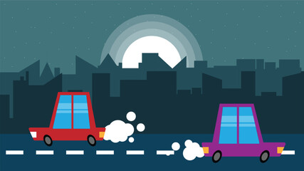 Cars Polluting the Industrial City Flat Style. Life in a busy town and traffic concept vector art