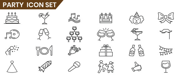 Set of party icons, vector icon, vector. Birthday party vector silhouette, symbol. Party sign , line or linear symbol, sign out line design. Vector illustration.