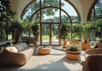 Fototapeta premium Bright and Inviting Indoor Garden Space with Modern Rattan Furniture Surrounded by Lush Greenery and Natural Light from Large Arched Windows