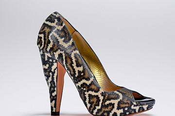 A pair of high heeled shoes with leopard print. A pair of gray heels with a gray background. Shoes heels gray background women snake skin. A woman in a gray leather shoe with gray skin and lifestyle.