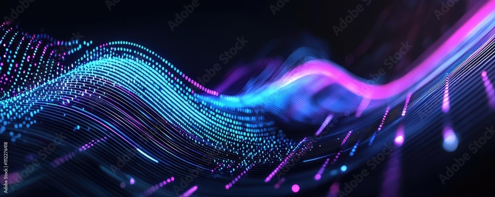 Poster colorful digital wave with glowing lines and particles on a dark background.