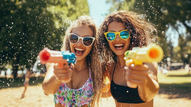 Young female friends enjoying summer fun with water guns in a park