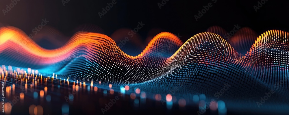 Poster Colorful abstract wave design with illuminated points on a dark background