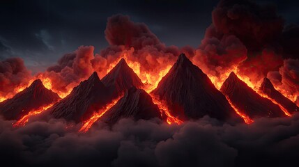 Dramatic volcanic landscape with fiery lava flowing through dark mountains.
