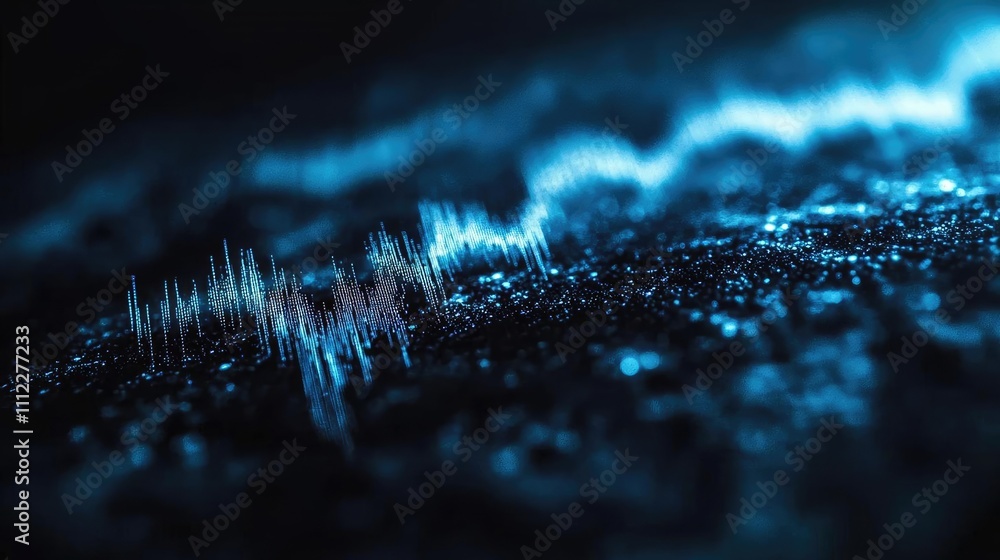 Aufkleber abstract sound wave visualization with blue glowing particles, dark background.