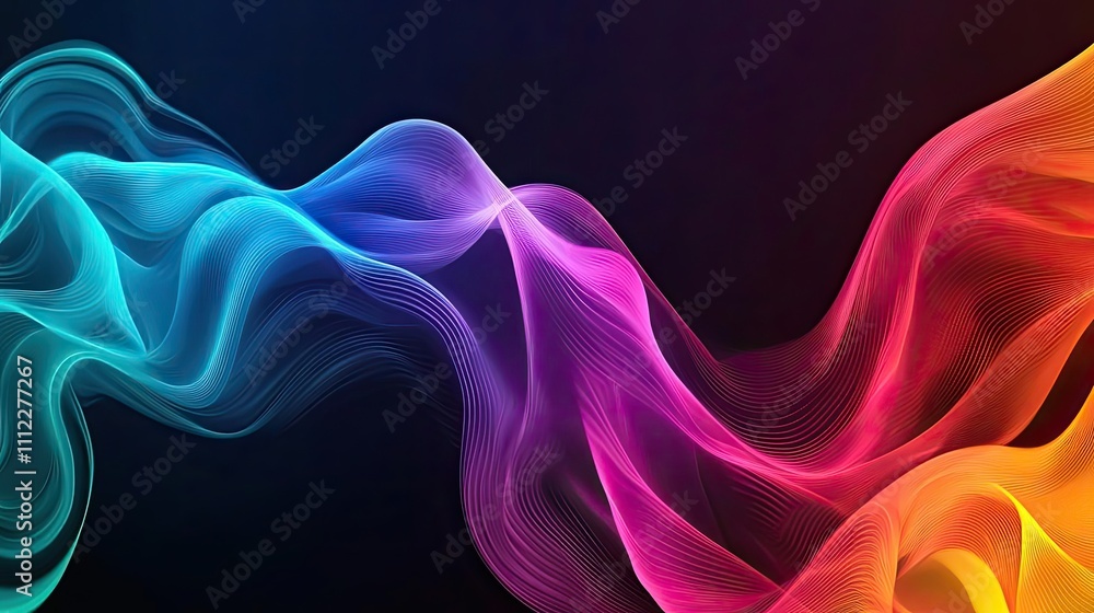 Poster abstract colorful waves on a dark background, vibrant and dynamic design.