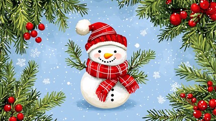 illustration of christmas snowman on blue background. cute snowman in christmas snowy nature.
