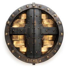 Naklejka premium Steampunk-style decorative shield urban art installation industrial aesthetic gallery display close-up perspective unique design concepts