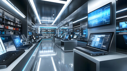 Laptops in a modern technology store. Department of computers in the electronics store. Choosing a laptop in the store