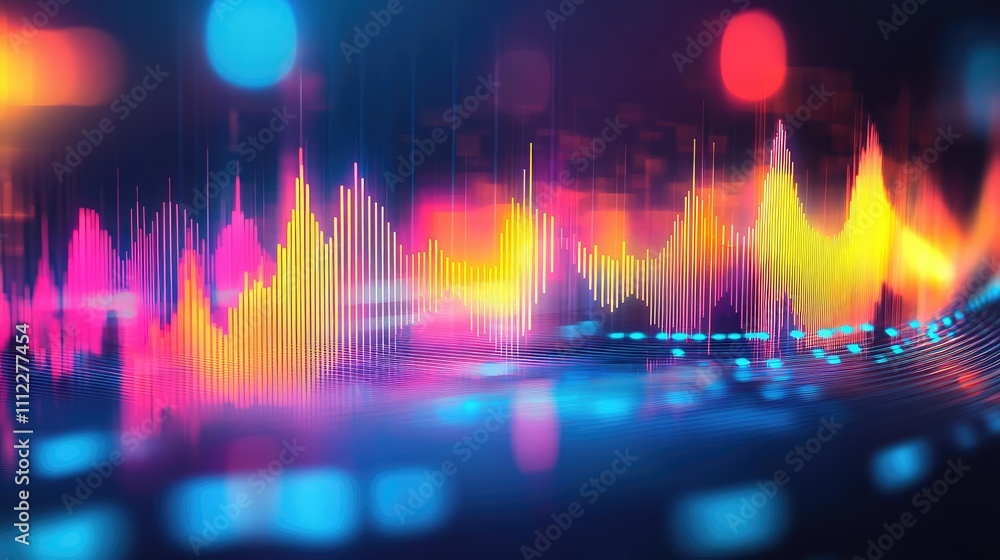 Poster vibrant audio waveform visualization on dark background, colorful sound wave patterns.
