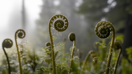 Emerging fern fronds with spiral pattern