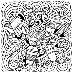 Cartoon vector doodles Coffee House illustration. Funny, detailed, with lots of objects background. Cafe funny picture