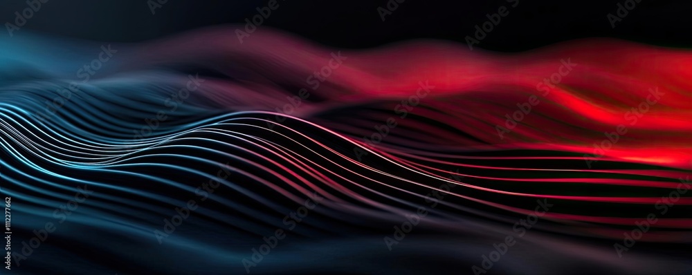Poster abstract wavy lines in red and blue against a dark background.