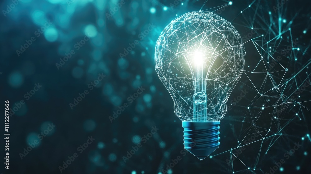 Poster a blue light bulb icon with glowing lines and geometric shapes, surrounded by digital data connectio