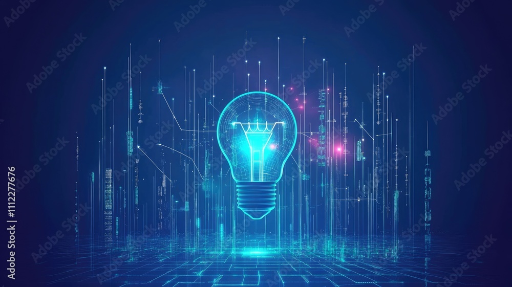 Poster a blue light bulb icon with glowing lines and geometric shapes, surrounded by digital data connectio