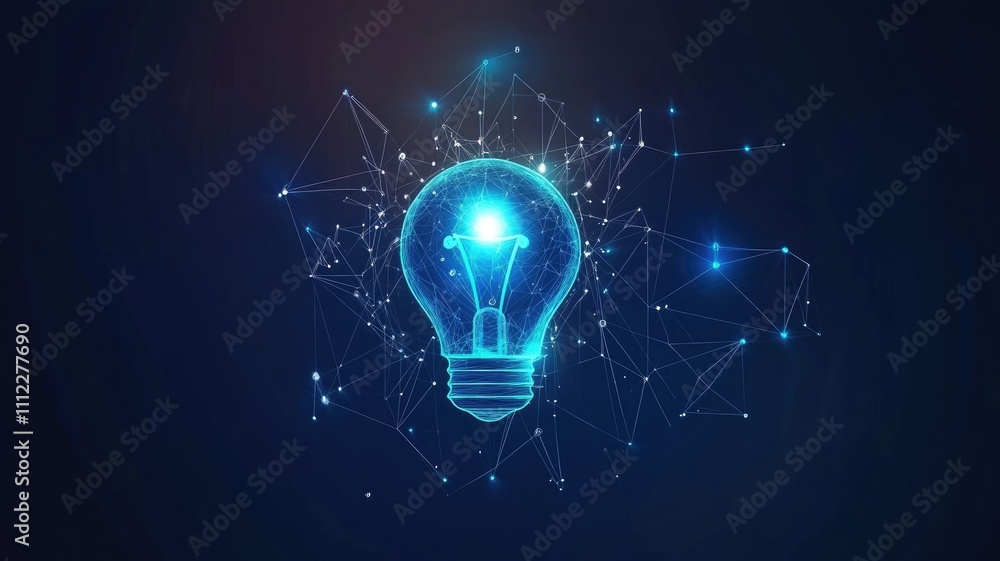 Poster a blue light bulb icon with glowing lines and geometric shapes, surrounded by digital data connectio