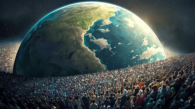 Planet Earth surrounded by an immense, dense crowd of people symbolizing overpopulation and human impact on the world. A powerful visual of global population growth
