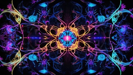 A mesmerizing abstract fractal design featuring vibrant neon colors and intricate patterns
