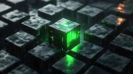 A series of black cubes, with a single, glowing green cube pulsing in the center,