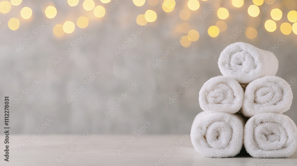 Poster stack of rolled white towels creating relaxing spa ambiance