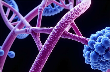 An AI system analyzing DNA sequences on a holographic screen, with glowing strands of DNA in the background