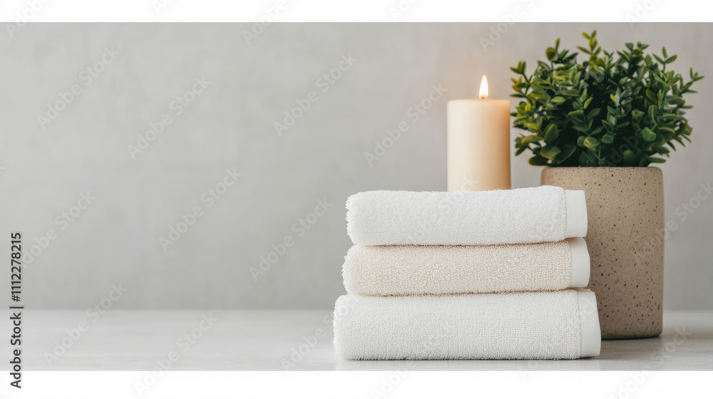 Poster stacked towels creating relaxing spa atmosphere with candle and plant