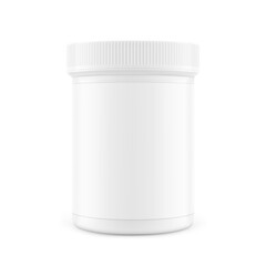 Dram pill bottle with lid mockup for drugs, probiotics, vitamins, supplements isolated on white background. Vector illustration. Mockup is ideal for health projects. EPS10.