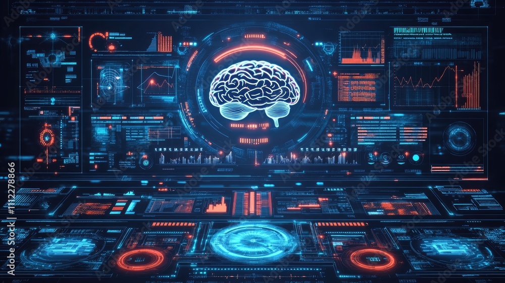 Poster a futuristic digital brain interface with holographic projection of data and information, representi