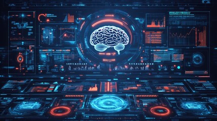 Obraz premium A futuristic digital brain interface with holographic projection of data and information, representing advanced AI technology for medical or scientific applications ,generative ai 