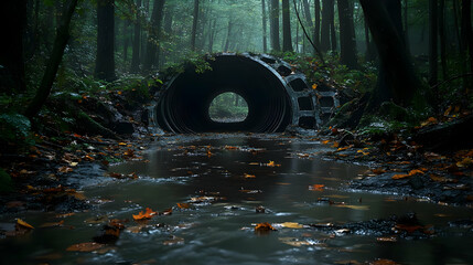 Forest Stream Flows Through Old Tunnel, Autumn Leaves Drift