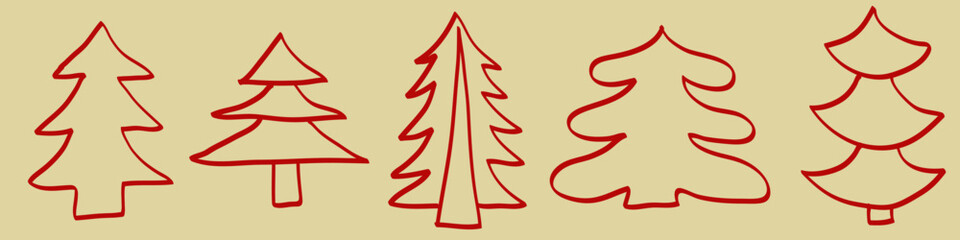Crooked, sloppily drawn christmas tree illustration sketch. Vector set.
